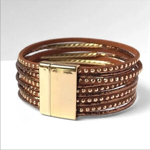 Brown Gold Multi Strand Magnetic Leather Wrap Bracelet